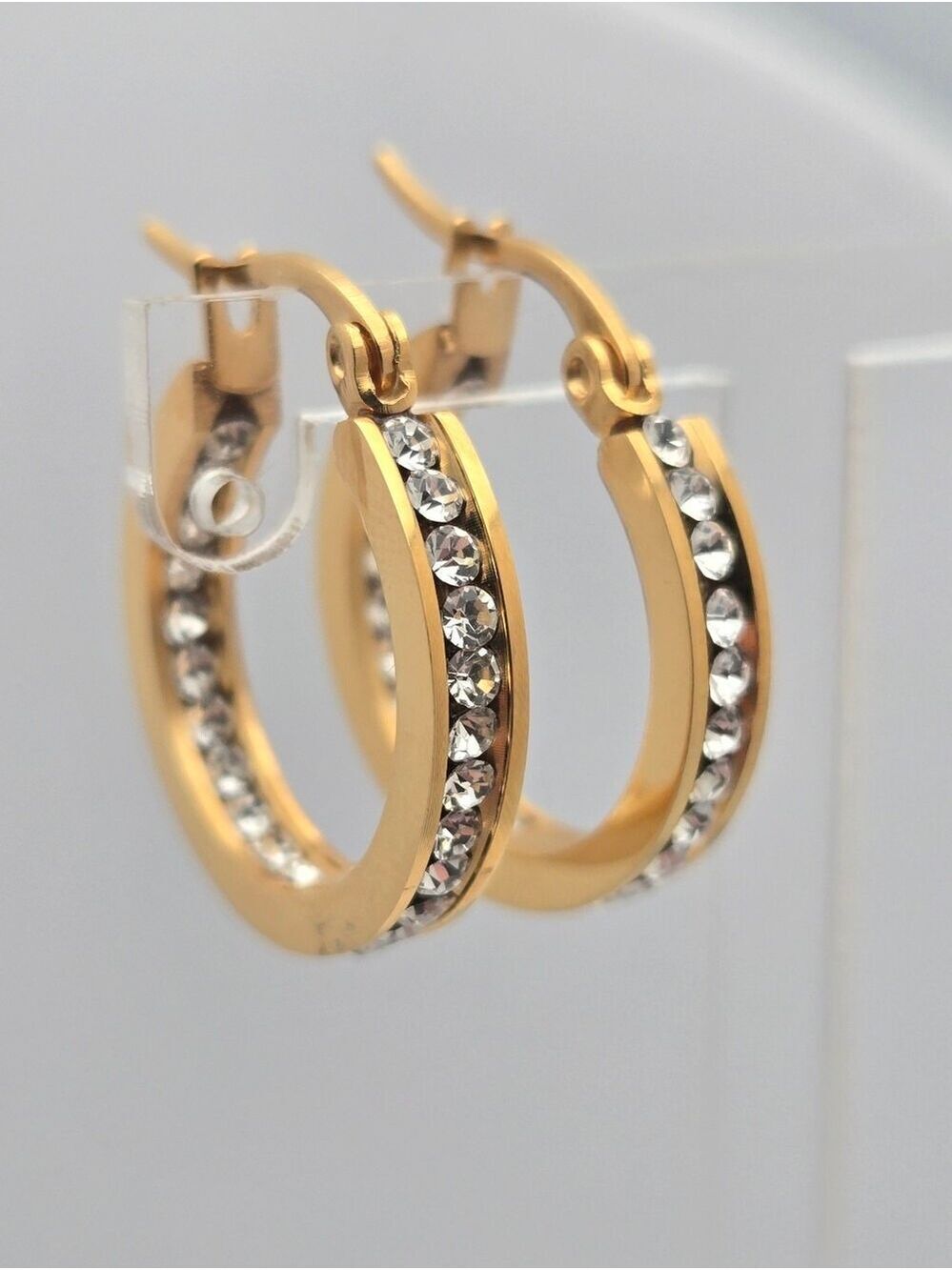 Steeltime 18K Gold Plated Stainless Steel Crystal Hoop Earrings New - Picture 4 of 15